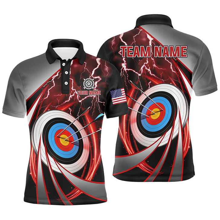 Custom Red Archery 3d Target Thunder Lightning Personalized Men Polo Shirts, Team League Archery Shirts