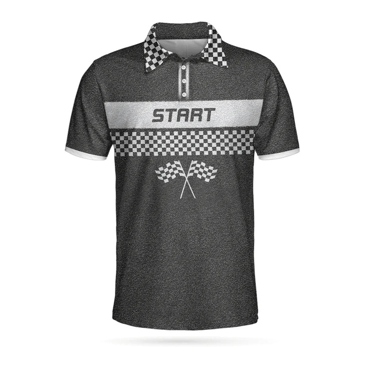 Racing Start And Finish Short Sleeve Polo Shirt, Black And White Checker Pattern Polo Shirt, Best Racing Shirt For Men