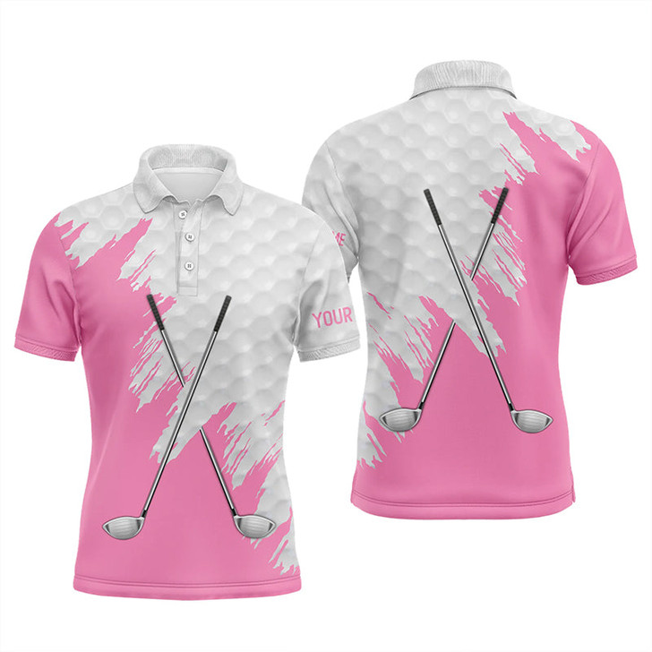 Custom White golf ball pattern custom name golf clubs Mens golf polo shirts, team golf tops for men | Pink