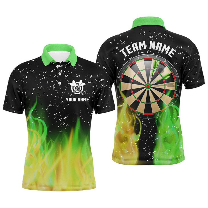 Custom Green And Yellow Fire Dartboard Men Darts Polo Shirts Custom Dart Shirts For Team Dart Jerseys