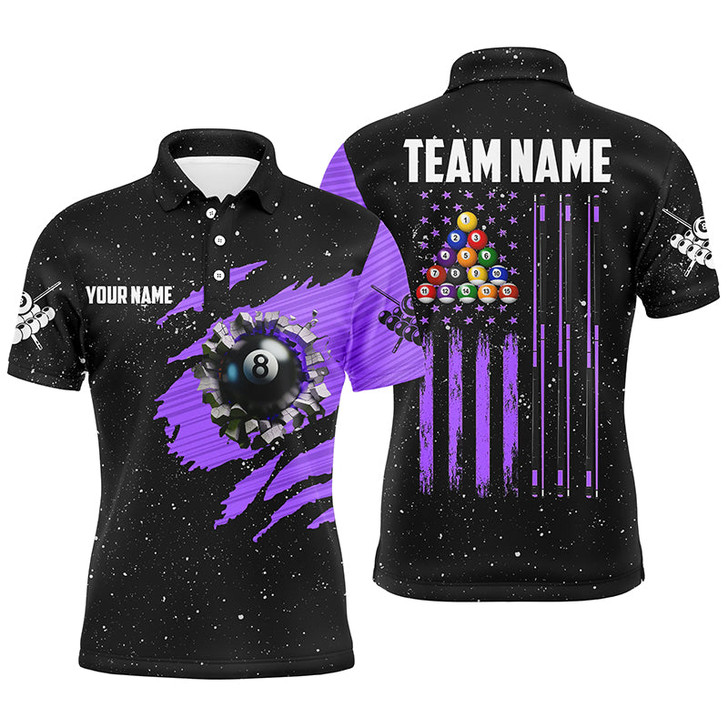 Customized Grunge American Flag 8 Ball Pool Men Billiard Polo Shirts, Pool Player Shirts |Purple