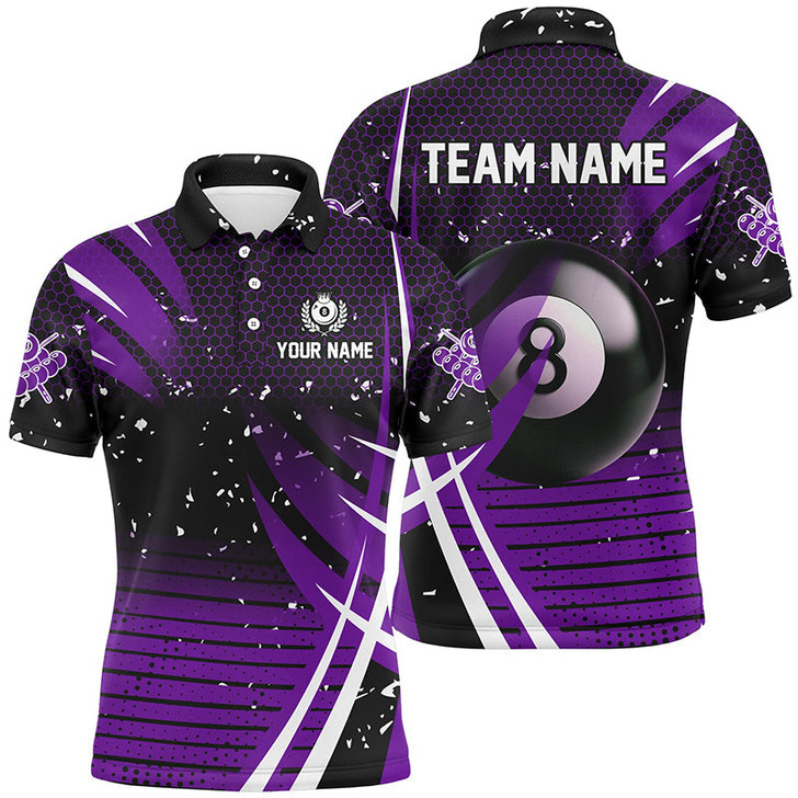 Custom Black Purple Billiard 8 Ball Pool Men Polo Shirts Custom Billiard Shirts, Billiard Jerseys Apparel