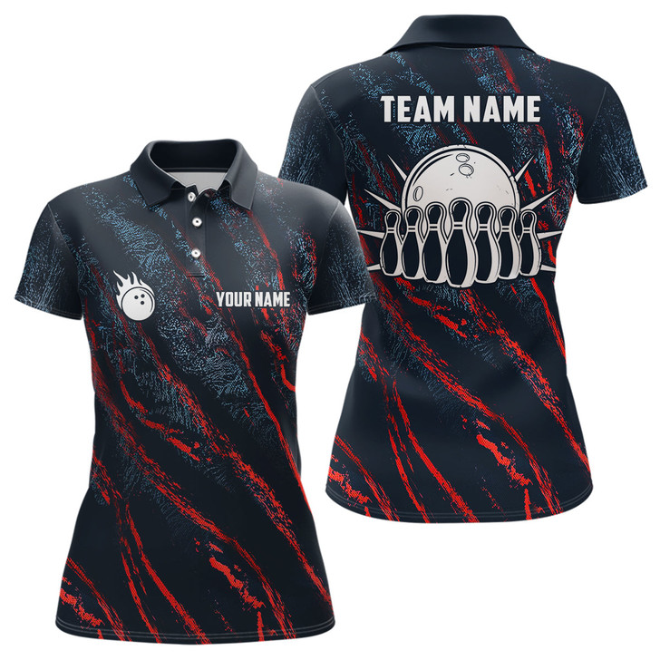 Custom Blue and red camo bowling ball and pins jerseys Custom Team League Bowling Polo Shirts For Women