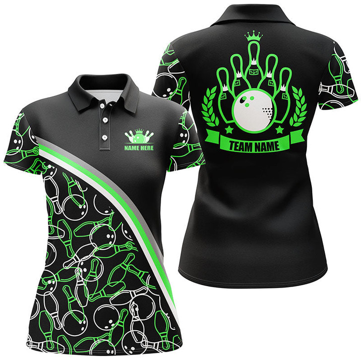 Custom Personalized Bowling Polo Shirts For Women Custom Name Black Green Bowling Pattern, Bowling Team Shirt