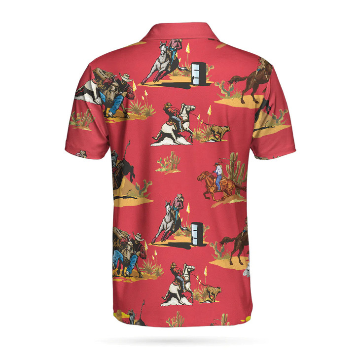 Rodeo Seamless Pattern Short Sleeve Men Polo Shirt, Red Texas Cowboy Polo Shirt, Rodeo Shirt For Male
