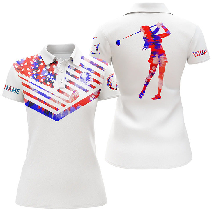 Custom Womens golf polo shirt red blue tie dye American flag custom patriotic golf shirt
