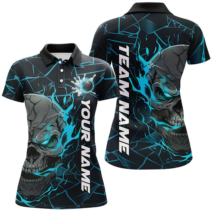 Custom Blue Flame Skull Bowling Shirts For Women, Halloween Bowling Team Outfits