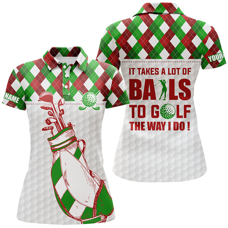 Custom Women Golf Polo Shirt It Takes A Lot Of Balls To Golf Custom Christmas Argyle Pattern Shirt For Women