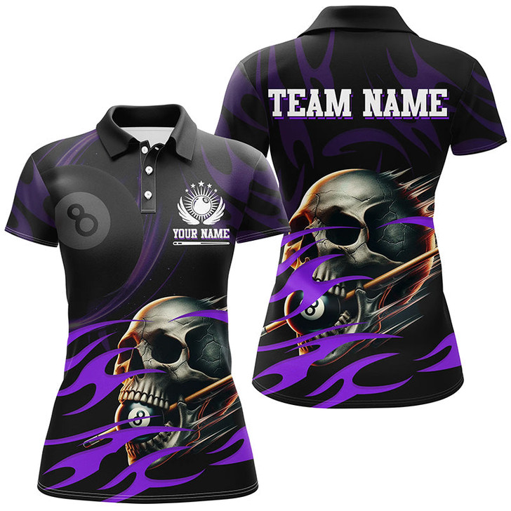 Custom Funny Skull 8 Ball Pool Custom Women Billiard Polo & Quarter-Zip Shirt, Purple Billiard 8 Ball Jersey