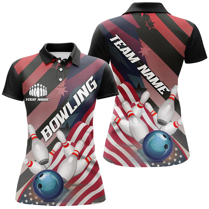 Custom American Flag Strike Bowling Team Shirts For Women, Patriotic Bowling Team Jerseys