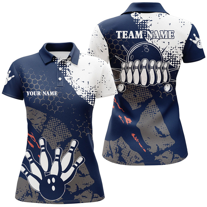 Custom Navy And White Women Bowling Polo Shirts Custom Retro Bowling Ball Pins Bowling Team League Jerseys