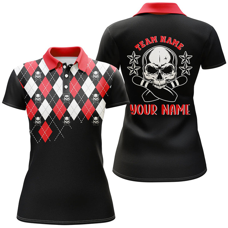 Custom Black Red Argyle Pattern Bowling Skull Custom Bowling Polo Shirts For Women, Bowling Jerseys