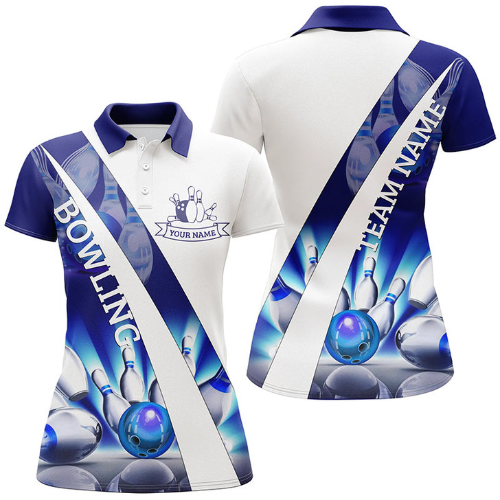 Custom White Bowling Polo Shirts For Women Custom blue light bowling ball pins Team League Jerseys