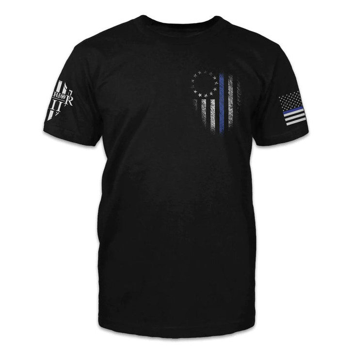 Thin Blue Line Betsy Ross Flag T Shirt, Black T Shirt Full Print With Usa Warrior Flag