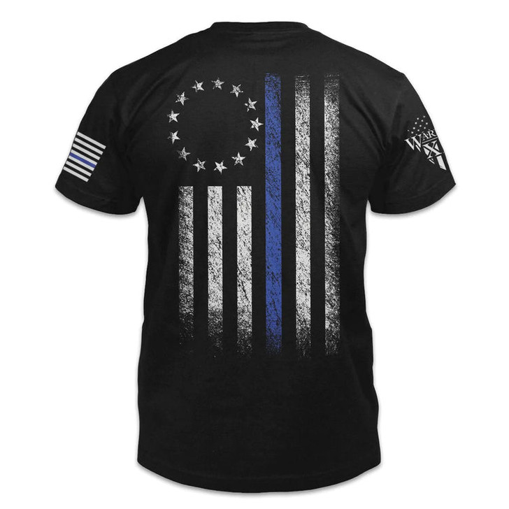 Thin Blue Line Betsy Ross Flag T Shirt, Black T Shirt Full Print With Usa Warrior Flag