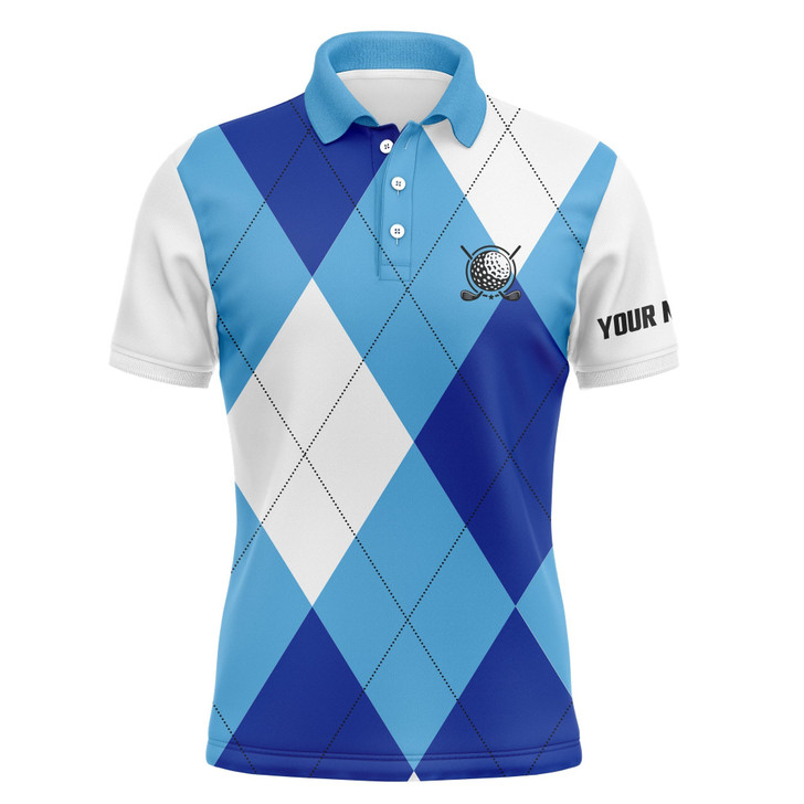 Custom Golf Men Polo Shirt - Blue White Golf Pattern Custom Name Apparel - Personalized Gift For Golf Lover, Team, Golfer, Husband, Boyfriend