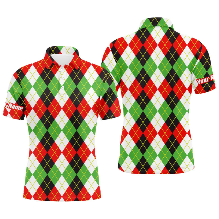 Custom Golf Men Polo Shirt - Custom Name Funny Christmas Plaid Argyle Pattern Apparel - Personalized Gift For Golf Lover, Male, Husband, Boyfriend