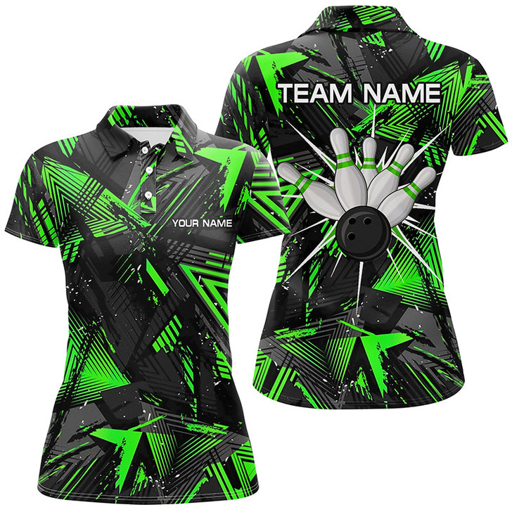 Custom Black Green Camo Bowling Polo Shirt For Women, Personalized Bowling Team Shirts Jerseys
