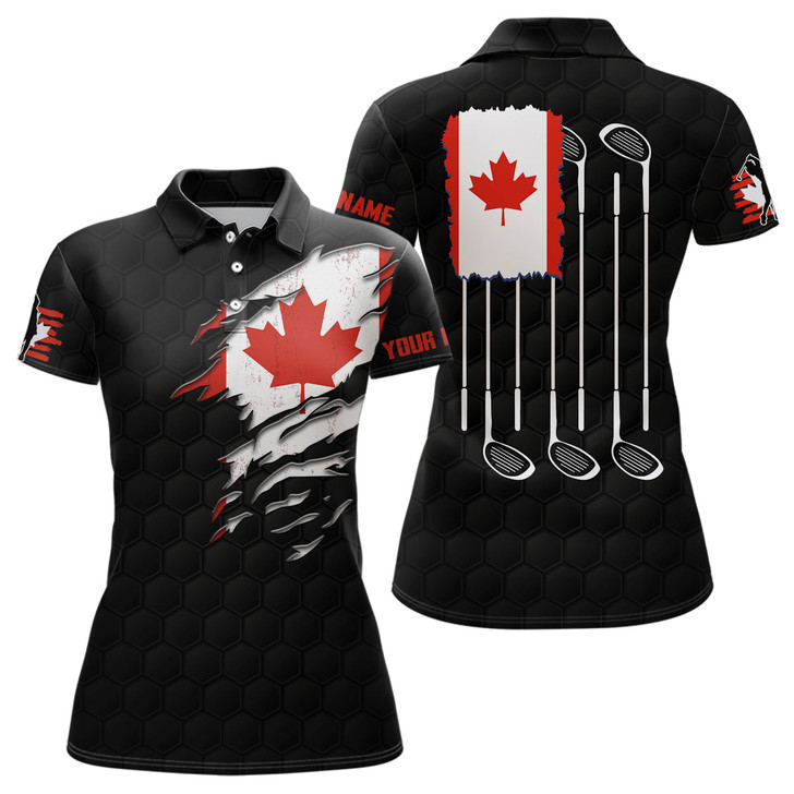 Custom Canada Flag Black Golf Pattern Polo Shirt Red Maple Leaf Golf Shirts For Women Golf Gifts