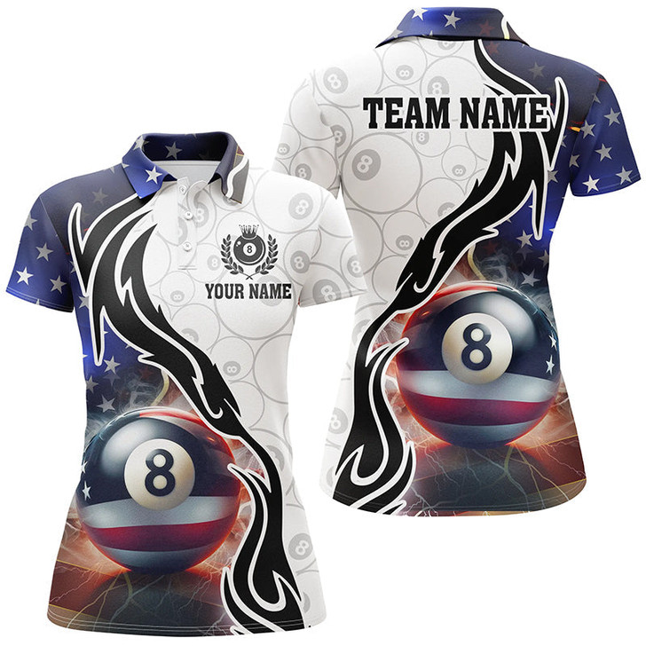 Custom 3D 8 Ball Pool Lightning US Flag Personalized Billiard Shirts For Women, Patriotic Shirts For Pooler