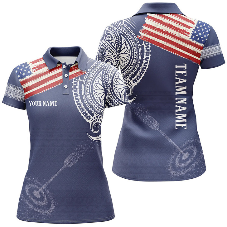 Custom Personalized US Flag Tribal Pattern Archery Polo Shirts For Women, Custom 3D Target Archery Shirts