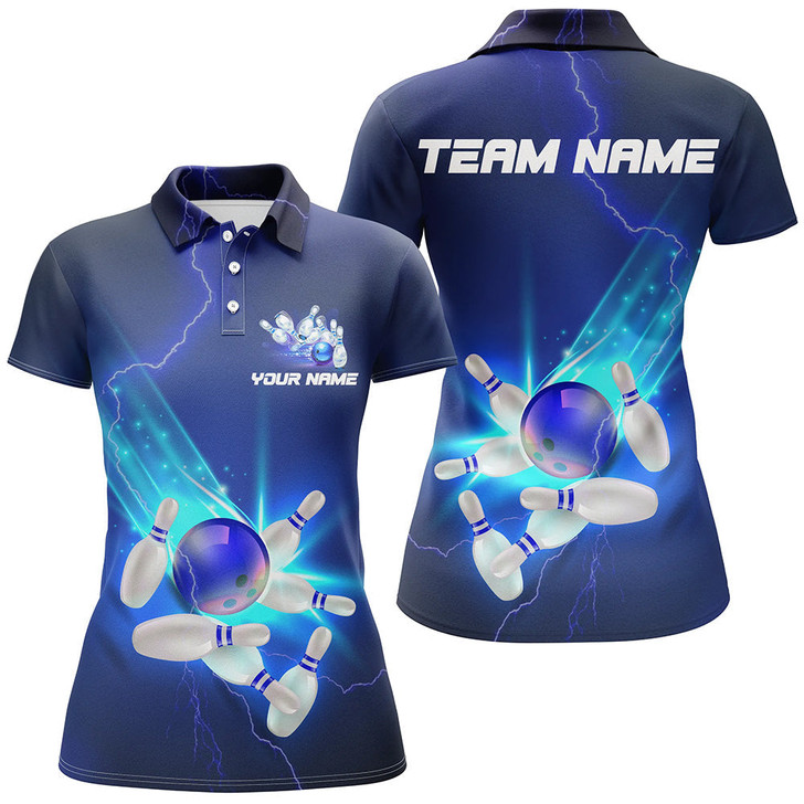 Custom Blue Thunder Lightning Polo Bowling Shirts Strike Women Bowling Team Jerseys