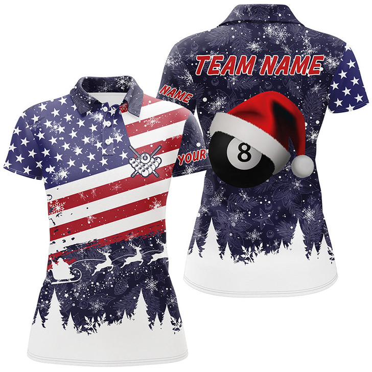 Custom Personalized Merry Christmas American Flag Billiard Polo Shirts For Women, Patriotic Christmas Shirts