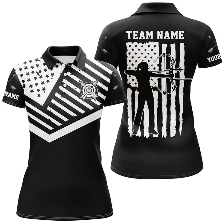 Custom Personalized Black White Us Flag Archery Polo Shirts For Women Custom Archery Shirts For Patriot