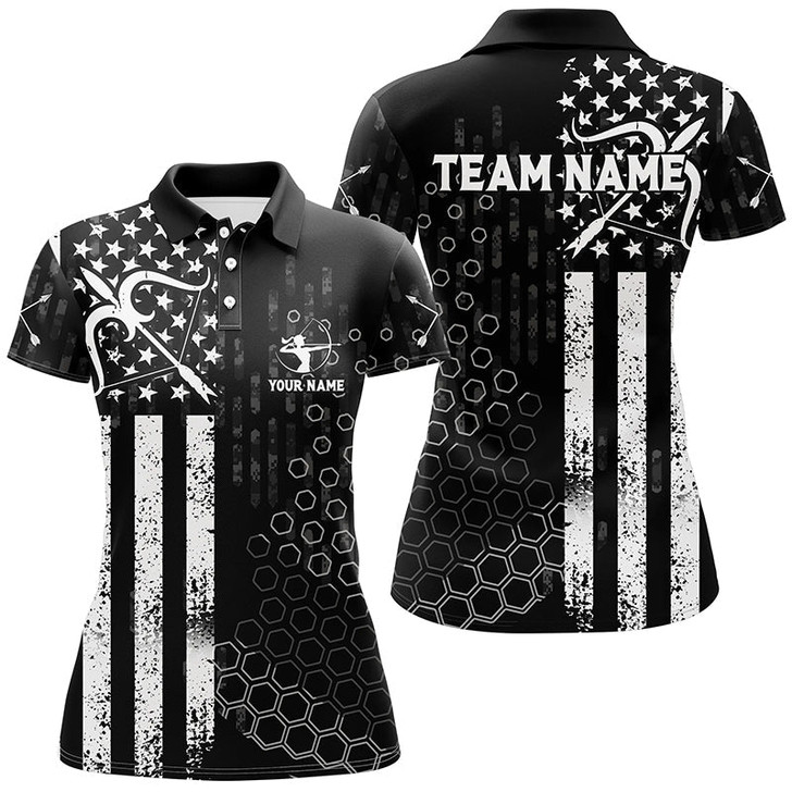 Custom Personalized BW American Flag Archery Polo Shirts For Women, Custom Bows And Arrows Archery Shirts