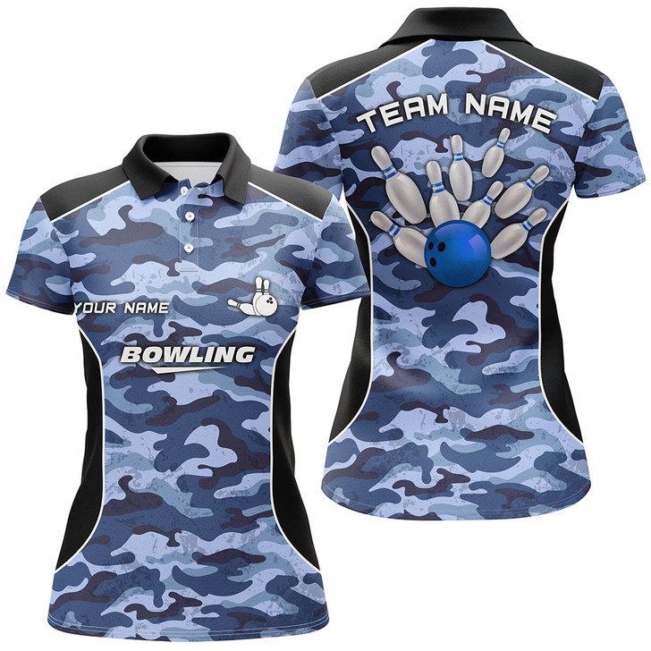 Custom Women Bowling Polo Shirts Custom Bowling Ball And Pins Blue Camo Bowling Team Jersey For Women