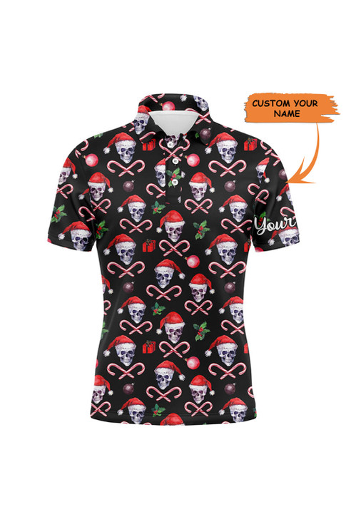 Custom Golf Men Polo Shirt - Funny Black Christmas Skull Pattern Custom Name Apparel - Personalized Gift For Golf Lover, Team