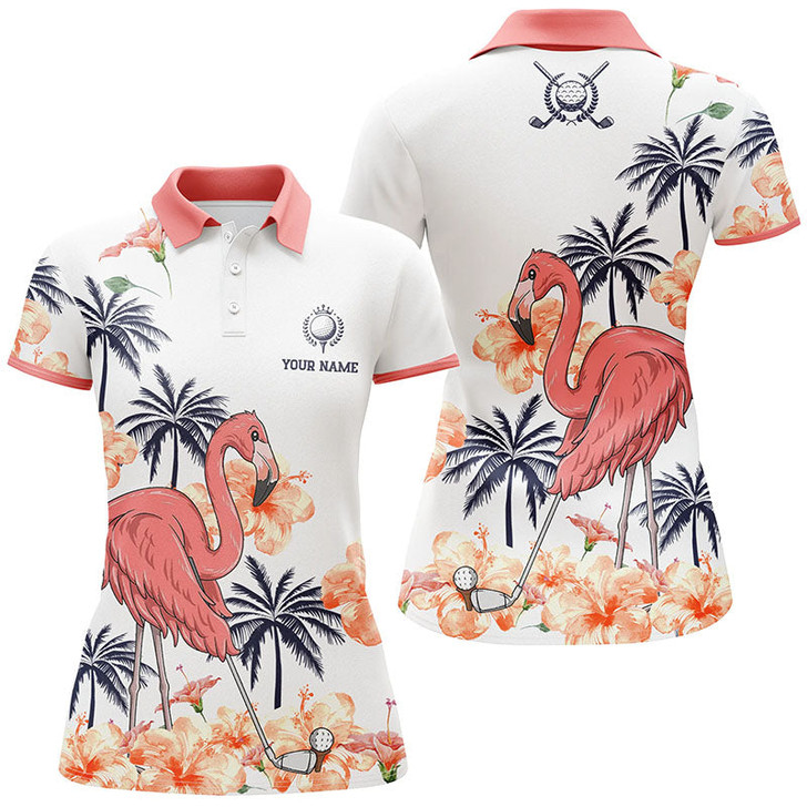 Custom Womens Pink Tropical Golf Polo Shirts, Personalized Flamingo Golf Shirts For Women, Golf Gifts
