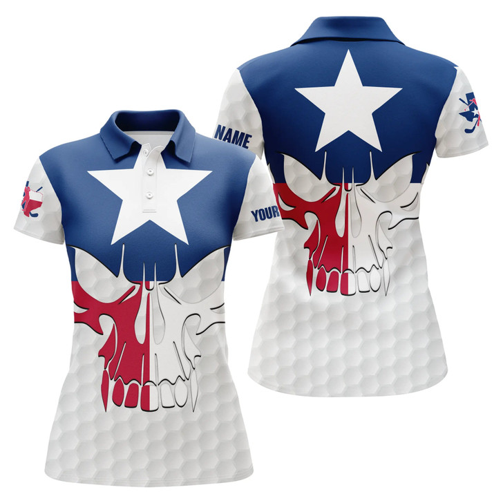 Custom Womens Golf Polo Shirts Texas Flag Patriotic Custom Skull Golf Ball Shirts For Women, Ladies Golf Top