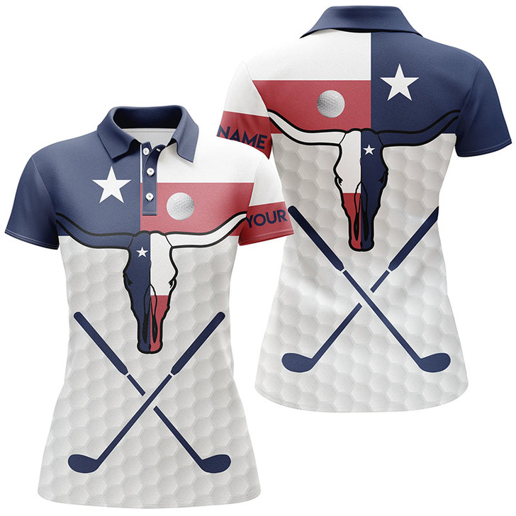 Custom Golf Texas Longhorn Skull Polo Shirt Texas Flag Golf Shirts For Women Patriotic Golf Gifts