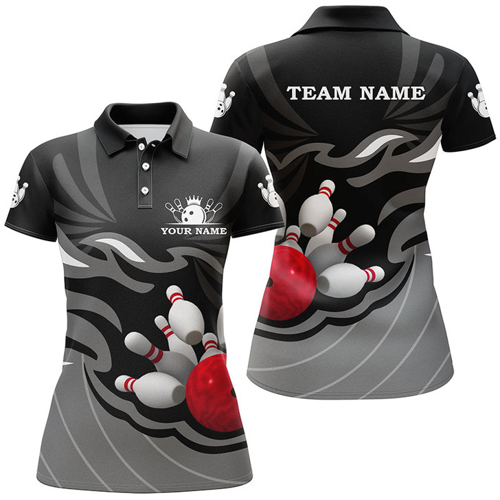 Custom Women Polo, Quarter Zip Bowling Shirts Custom Bowling Ball And Pins Team League Jerseys