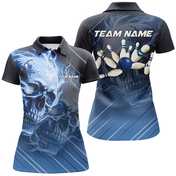 Custom Personalized Skull Bowling Polo, Quarter zip shirts For Women Custom Team Flame Bowler Jerseys | Blue