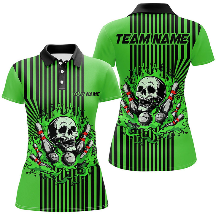 Custom Green And Black Stripes Women Bowling Polo, Quarter Zip Shirts Custom Skull Bowling Team Jerseys