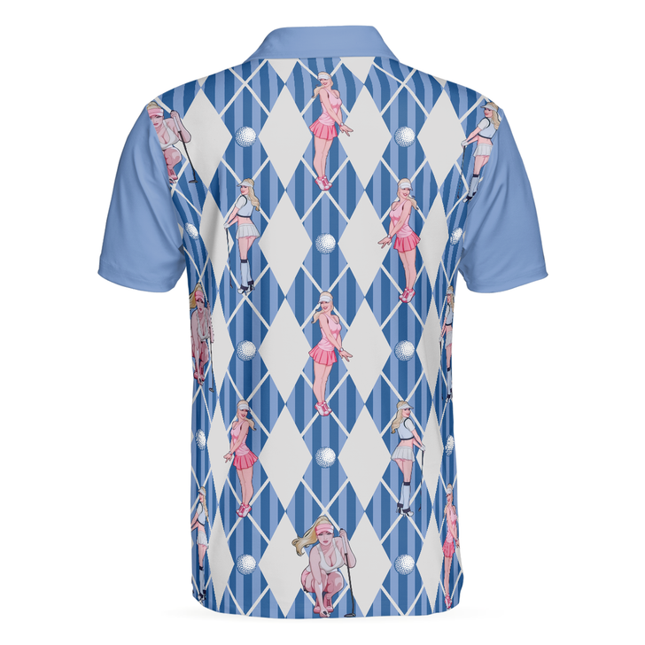 Men Polo Shirt - Blue Hot Golf Short Sleeve Polo Shirt, Argyle Pattern Fun Golf Shirt For Men