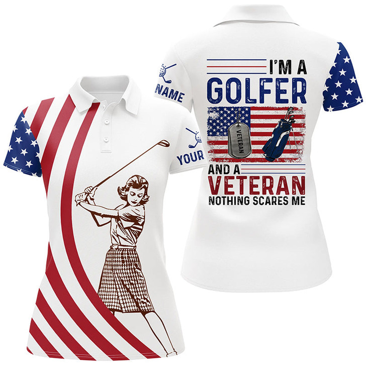 Custom Im A Golfer And A Veteran American Flag Womens Golf Polo Shirts Patriotic Golf Tops For Women