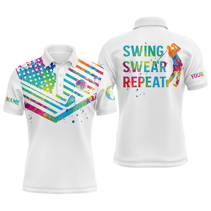Custom Golf Men Polo Shirt - Watercolor American Flag Custom Name White Apparel - Personalized Gift For Golf Lover, Team, Golfer - Swing Swear Repeat