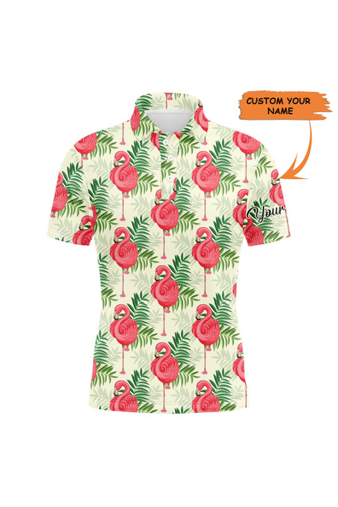 Custom Golf Men Polo Shirt - Custom Name Pink Flamingo Green Tropical Leaf Pattern Apparel - Personalized Gift For Golf Lover, Team, Husband, Boyfriend