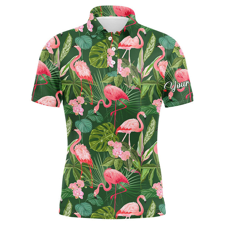 Custom Golf Men Polo Shirt - Custom Name Flamingo Green Tropical Palm Leaves Pattern Apparel - Personalized Gift For Golf Lover, Team, Husband, Boyfriend