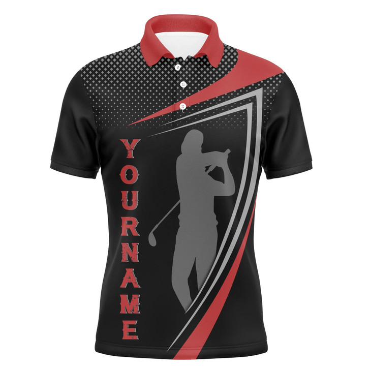 Custom Golf Men Polo Shirt - Red And Black Golfer Silhouette Custom Name Apparel - Personalized Gift For Golf Lover, Team, Male Players, Golfer