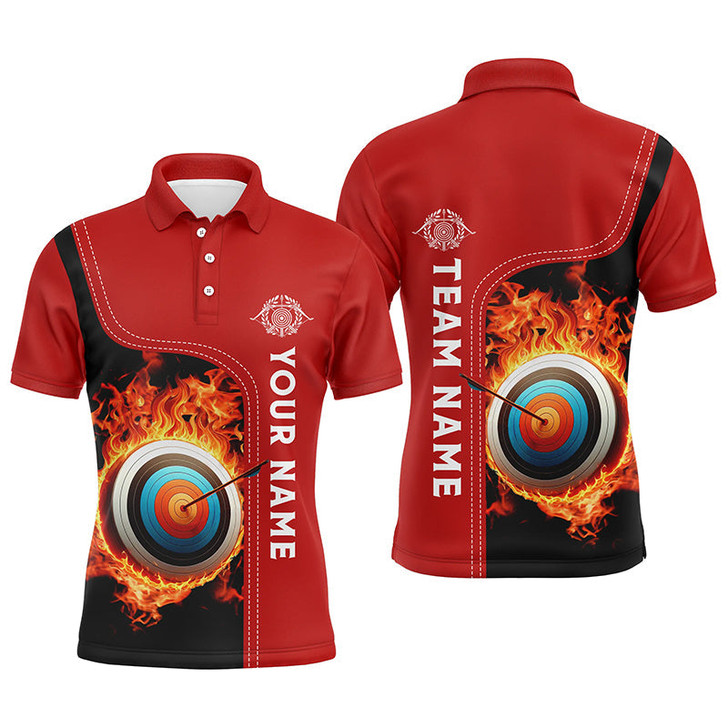 Personalized Black Red Flaming Target Archery 3D Polo Shirts For Men, Custom Archery Team Jerseys