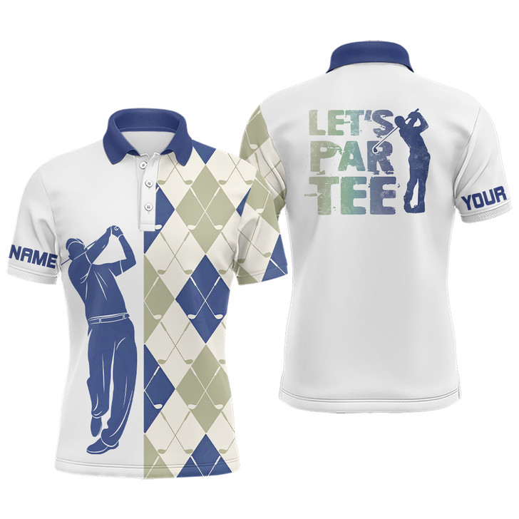 Custom Blue and white golf shirt argyle pattern golf clubs custom name Mens golf polo shirt Let's par tee