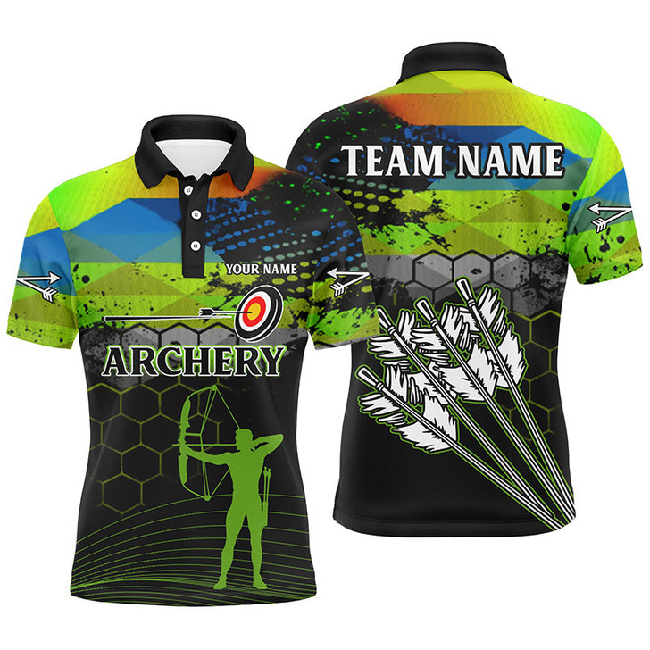 Personalized Green Colors 3D Arrows Archery Polo Shirts For Men, Custom Silhouette Archer Shirts