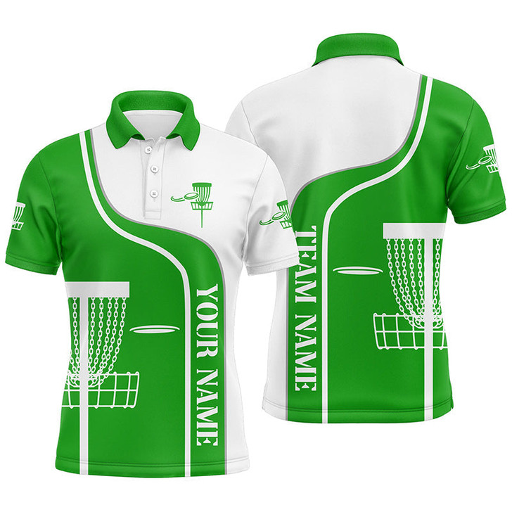 Personalized Disc Golf Basket Green White Mens Golf Polo Shirt Custom Disc Golf Shirts For Men