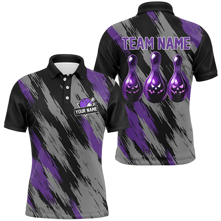 Custom Black and purple camo Halloween Men Bowling Polo, Quarter zip shirt custom bowling Team jerseys