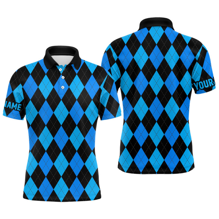 Custom Mens golf polo shirts custom blue and black argyle plaid pattern golf attire for men