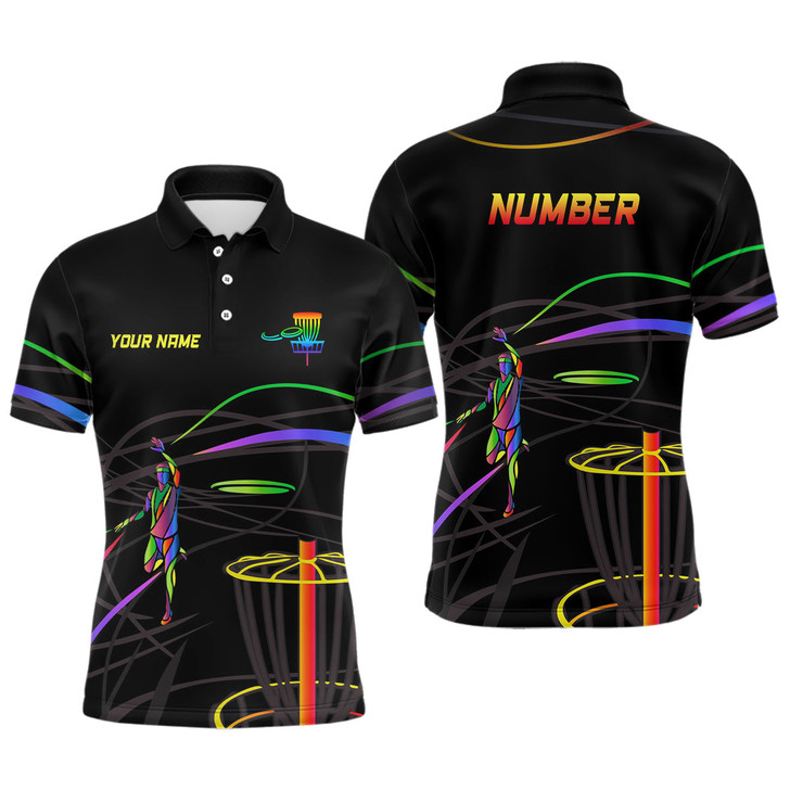 Custom Rainbow Mens Disc Golf Polo Shirt Custom Number Disc Golf Basket Personalized Disc Golf Shirt For Men